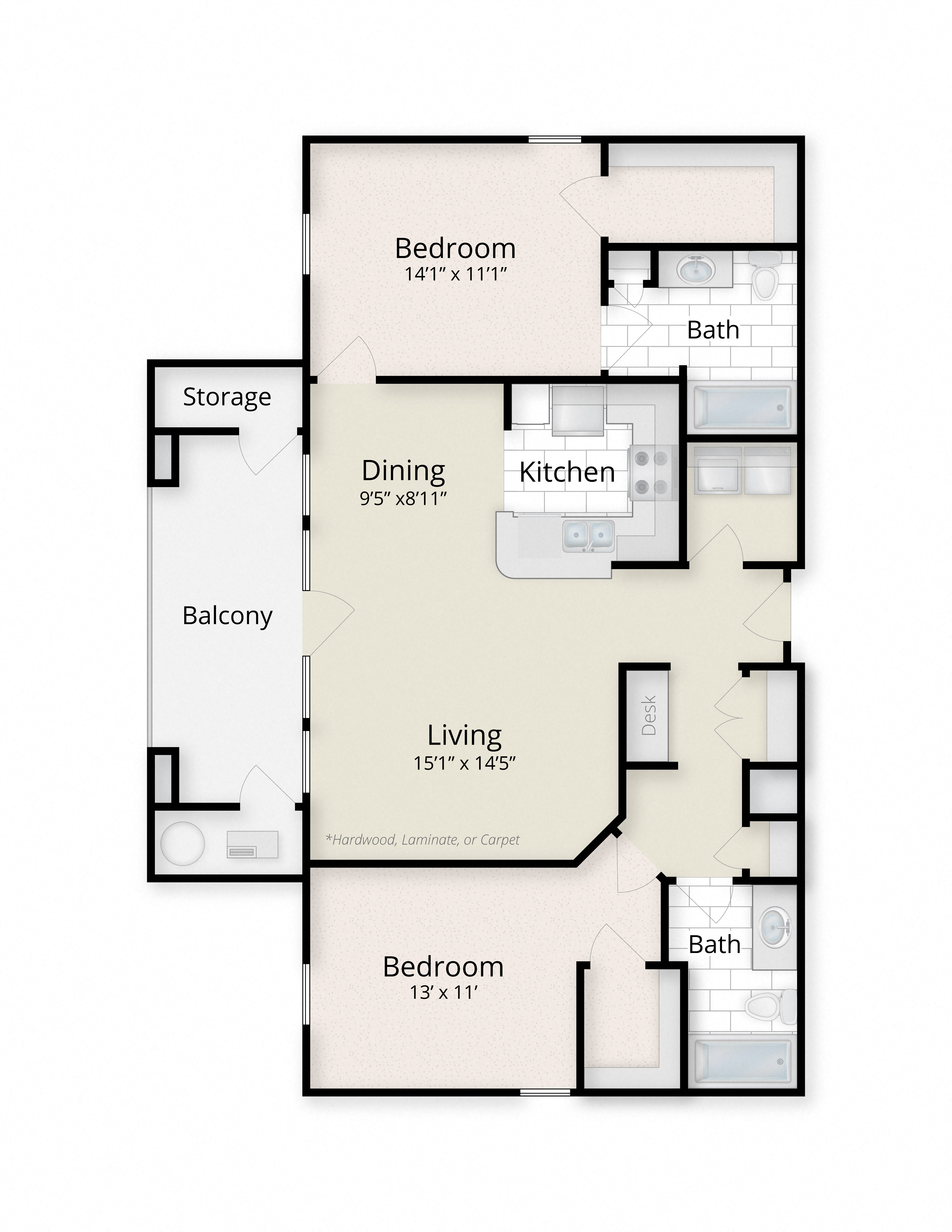 Floor plan for 2 beds, 2 baths, 1149 sqft